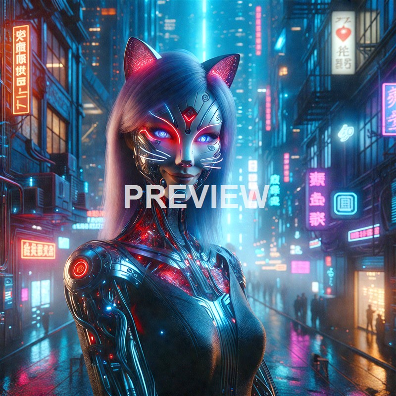 A futuristic humanoid female with cybernetic enhancements, cat-like ears, glowing blue eyes, and a sleek, high-tech body standing in a neon-lit urban street at night, with signs in Asian characters illuminating the background.